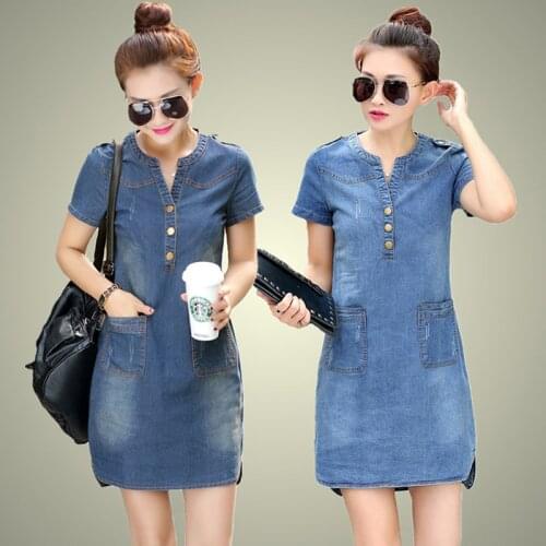 Plus Size 5XL Summer Style Denim Dresses Women V-Neck Short Sleeve Slim Jeans Dress With Pockets Vestidos Women Clothing