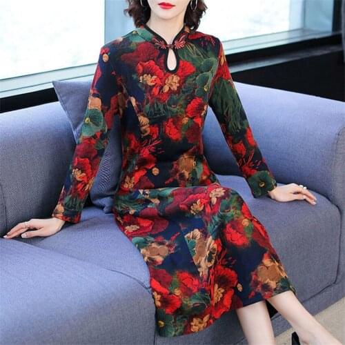 Plus Size Retro Floral Red Dresses Elegant Ladies Long Sleeve Party Dress Retro Style A-Line Spring Chinese Style Dress