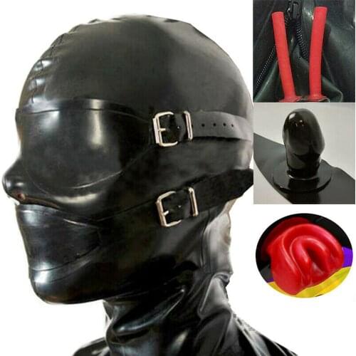 Latex Rubber Hood with Removable Eyes and Mouth Mask Open Eyes Mouth Back Zipper adult chastity harness