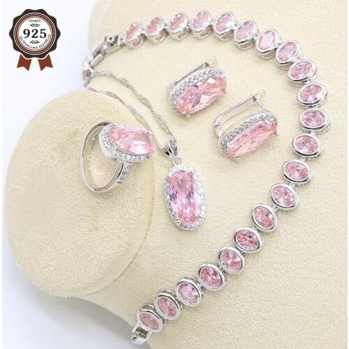 Silver Color Jewelry Set for Women Geometric Pink Zircon Bracelet Earrings Necklace Pendant Ring Wedding Birthday Gift