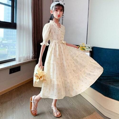 Summer New Girls Dress Teenage Girl Flower Print Chiffon Maxi Long Dresses Children Clothes Kids Dress 8 10 12 14 16Year