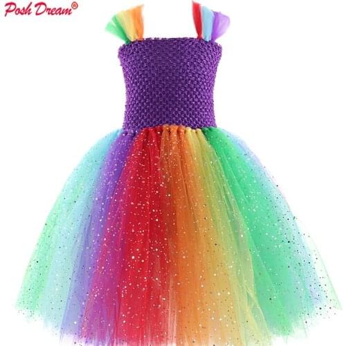 POSH DREAM Bright Rainbow Unicorn Dresses Flower Bright Blue Children Kids Tutu Dresses Handmade Tulle Unicorn Cartoon Costumes