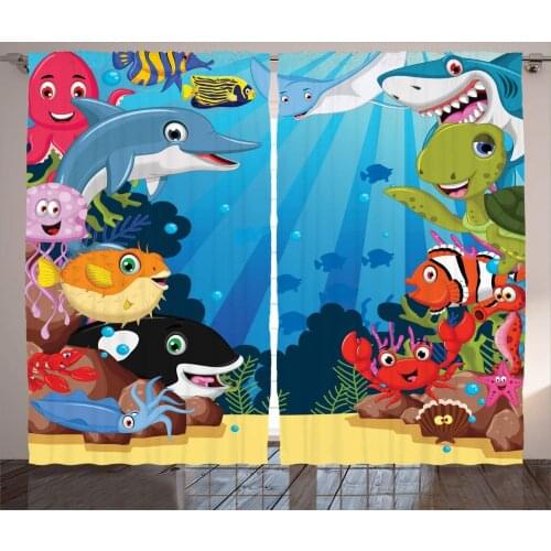 Whale Curtains Colorful Underwater Creature Shark Turtle Living Room Decor Curtains Bedroom Window Drapes Curtains for Kitchen