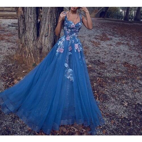 Blue Tulle Appliques Embroidery Prom Dress 2021 A Line Spaghetti Straps Lace-up Back Evening Formal Party Gowns robes de soirée