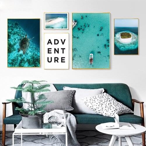 Blue Ocean Waves Turtle Wall Poster Sea Beach Landscape Canvas Print Nordic Painting Scandinavian Art Room Decoration Picture