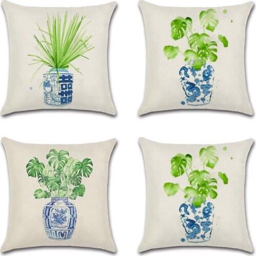 Blue Porcelain vase tropical Plants Cushion Cover decorative for Home sofa chair car seat friend kids bedroom gift pillowcase