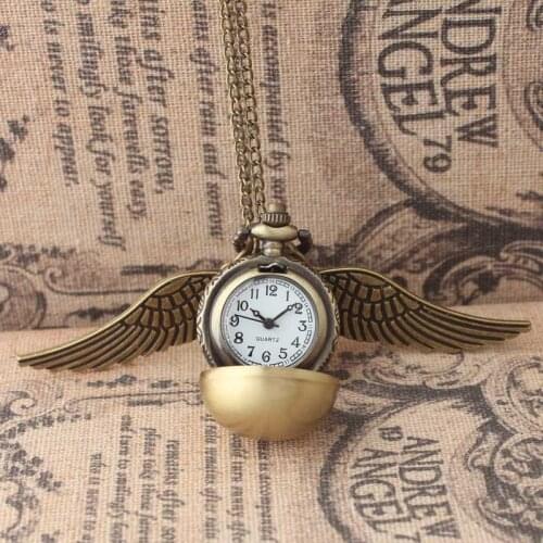 Antique Vintage Kawii Snitch Feathers Pocket Watch Retro Necklace Pendant Chain Gifts for Mens Womens Accessory