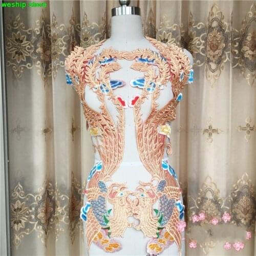 High-quality Super gorgeous Lace embroidery patches Golden sequins Red Eugen yarn Phoenix Applique for DIY Wedding dress 5
