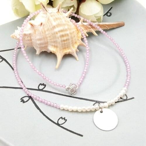 LiiJi Unique Natural Tiny Freshwater Pearl,Pink Zircon 925 Sterling Silver Matte Coin Pendant Shining Necklace for Women Jewelry