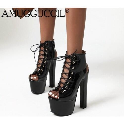 2020 New Plus Big Size 35-46 Black Red Snake Lace Up Fashion Sexy High Heel Platform Female Lady Sandal Women Summer Boots L1198