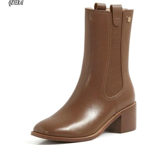 Womens boots Genuine leather Chelsea boots 5cm high heels zipper black brown boots Womens shoes