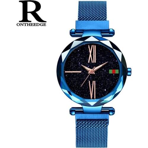 Ontheedge Women Dress Watch Elegant High Quality Stainless Steel Mesh Band Magnetic Buckle Sea Blue Reloj Mujer 2018