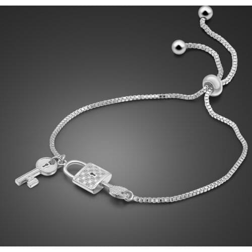 Women 100% 925 Sterling Silver Lock & Key Charm Bracelet Genuine Solid Silver Bowknot Girl Adjustable Chain Jewelry Gift