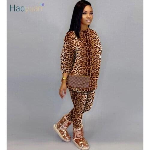 HAOYUAN Plus Size Leopard Two Piece Set Sweatshirt Long Tops Casual Pants for Women Fall Winter Outfits Sexy Club Matching Sets