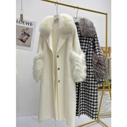2021 New Arrival Women Winter Handmade Double Side Woolen Coat Real Fox Fur Collar Cuffs Swallow Gird Long Warm Wool Coat