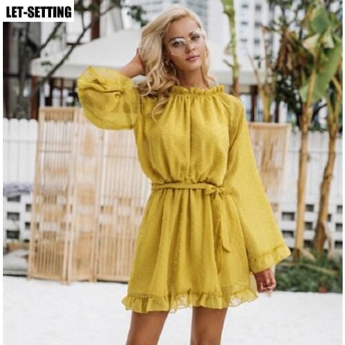 Bubble round neck tie flare sleeve halter elegant sexy slim ruffled perspective stringy sash backless mesh women dress Plus Size