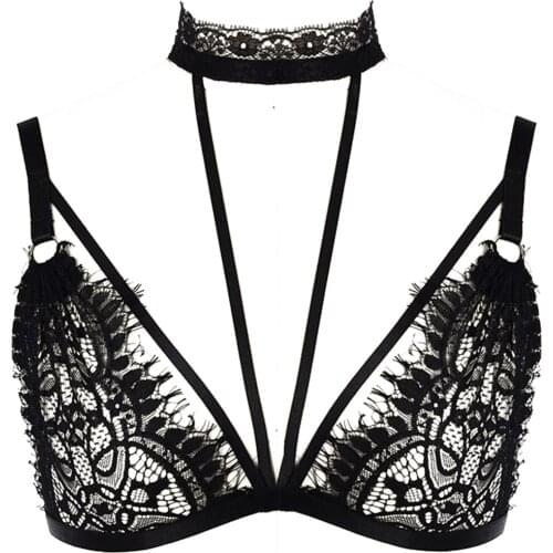JLX.HARNESS Lace Collar Connect Lace Bra Punk Goth Body Harness Belt Black Perspective Sexy Lingerie Bra Bralette Bustier