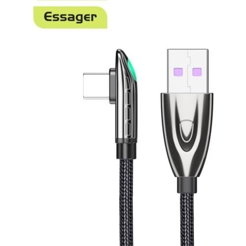 Essager 66W USB Type C Cable LED 5A Fast Charging USB-C USBC Charger 90 Degree Cable Data Cord For Huawei Mate 40 Pro Samsung