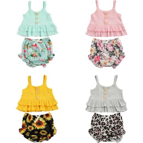 1-4Y Girls Clothing Sets Summer Toddler Kids Girls Knitted Button Ruffles Vest Tops+Floral High Waist Shorts Cotton Clothes Suit