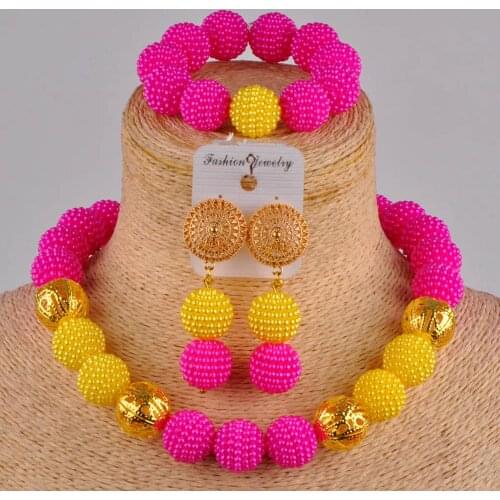 Majalia Classic Fashion Nigerian Wedding African Jewelry Set Hot pink and Yellow Plastic Necklace Bridal Jewelry Sets
