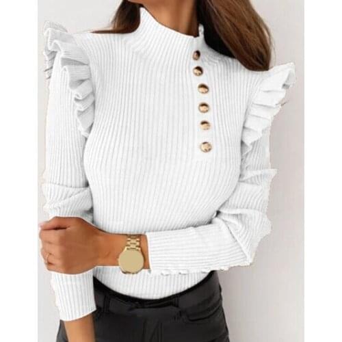 Fashion Autumn Ruffles Long Sleeve T Shirt Elegant O Neck Slim Rib Button Decoration Pullover Tops Spring Casual T Shirts Blusa