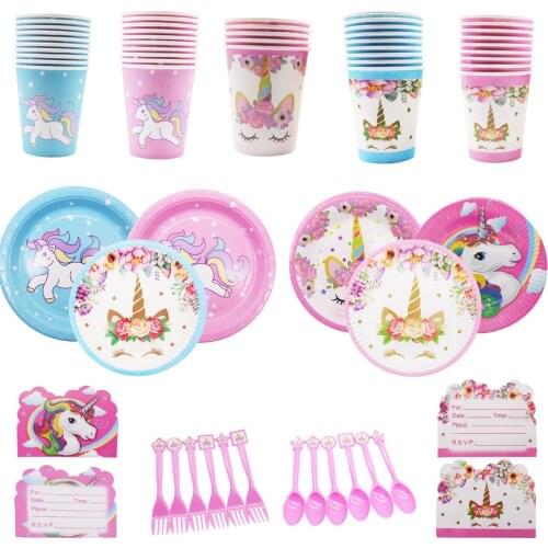 Cartoon Unicorn Party Decoration Blue Pink Unicorn Horse Tableware Sets Kids Cute Paper Napkin Cup Plate Birthday Party Supplies