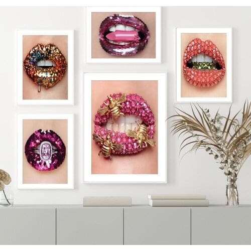 Gold Diamond Lipstick Sexy Hot Lips Salon Wall Art Canvas Painting Nordic Posters And Prints Wall Pictures For Living Room Decor