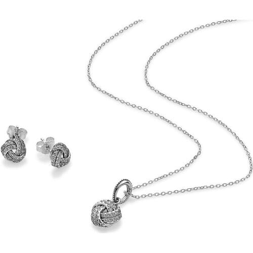 NEW 100% 925 Sterling Silver 1:1 Genuine Mothers Day Zircon Twist Stud Earrings Pendant Necklace Glamour Womens Jewelry Set