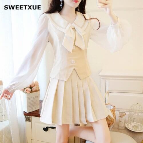 SWEETXUE Autumn Preppy Style Set Chiffon Stitching Bow Long Sleeve Shirt Pleated Skirt Suit Female Sweet Set Student Clothes