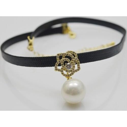 Shell Pearl Neclace 14mm White Color Sea Shell Pearls Black Rope Single Choker Necklace Fine Jewelry Charming Yonger Girl Gift