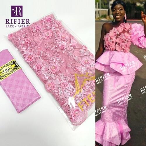 Pink 3D Flower Pattern Bazin Riche Gextczer With Stones Net Lace With Guipure For Elegant Lady Party Dresses Net Laces Fabrics