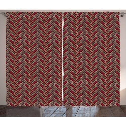 Retro Abstract Curtains Knitted Like Angled Form Print Satin Fabric Drapes for Living Room Bedroom 2 Panel Window Set