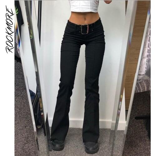Rockmore Low Waist Flare Pants Women Casual Skinny Belt Pants Ladies Harajuku Streetwear Solid Trousers Capris Korean Fashion