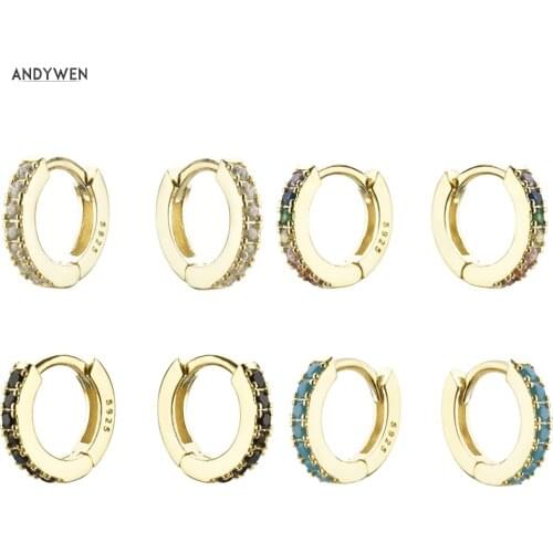 ANDYWEN 925 Sterling Women luxury CZ Pave Clear Silver Mini Huggies Small Hoops Ring Circle Round Earrings Rainbow Jewelry