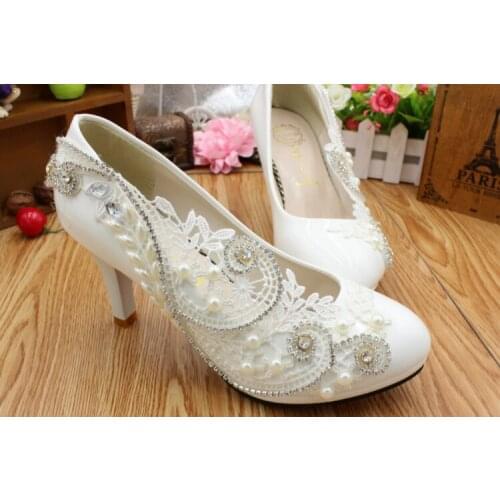 New 2018 European white ivory lace wedding shoes woman HS027 crystal rhinestones high heels platforms bridal wedding shoes bride