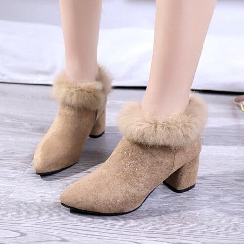 Black Faux Wool Short Boots Woman Charms Plush Suede Ankle Shoes Winter High Heel Boots with Large size 43 Cute Shoes