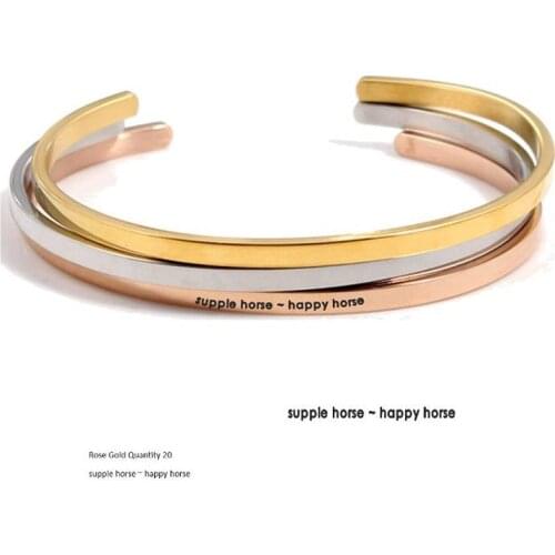 Rose Gold Stainless Steel Engraved Positive Inspirational Quote Cuff supple horse happy horse Mantra Bracelet Bangle For Women