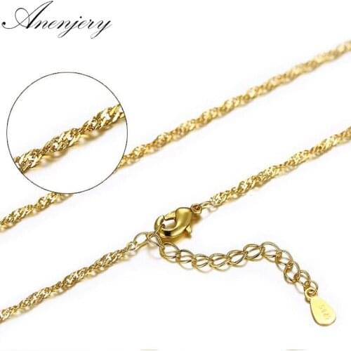 ANENJERY 925 Sterling Silver Necklace Yellow Gold Color Water-wave Chain Necklace For Women collares S-N178