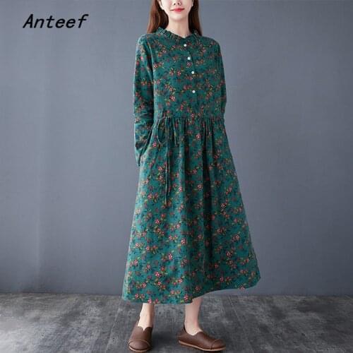 Long sleeve plus size cotton linen vintage floral dresses for women casual loose spring autumn dress elegant clothing 2021