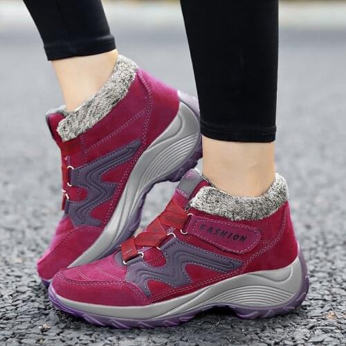 Winter Womens Snow Boots Leather Women Warm Thick Plush Snow Boots Waterproof Female Wedge Suede Boots Non-Slip Lady Shoes