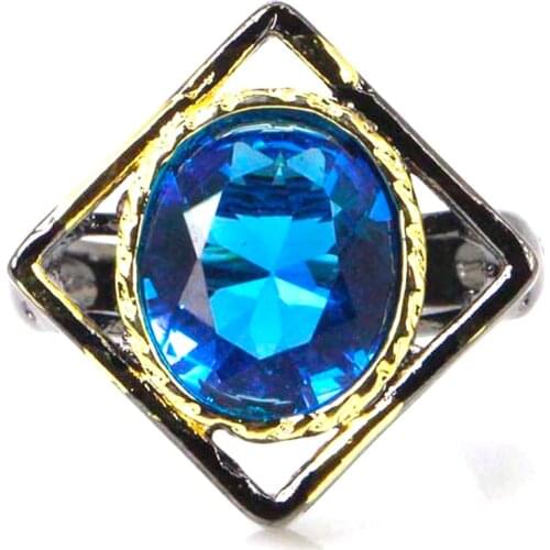 21x21mm Unique Neo-Gothic Created 10g Dark London Blue Topaz Street Fine Jewelry Cool Black Metal Silver Rings Eye Catching