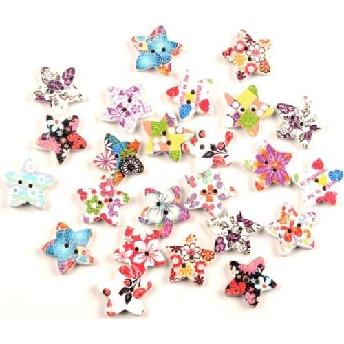 50pcs Mixed Star Wooden 2 Holes Buttons For Clothing Needlework Scrapbooking Wood Botones Decorative Crafts Diy Accessories