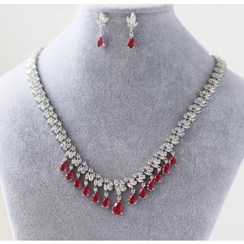 Free Shipping Bridal Teardrop Zircon Gemstone Crystal diamond Necklace Earrings Female Wedding Bridal Red wine Jewelry Sets