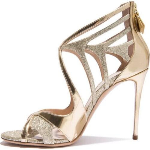 Carpaton Gold Glitter Embellished High Heel Sandal Sexy Open Toe Cutouts Thin Heels Woman Shoes Cross-tied Summer Sandal