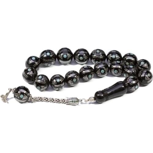 Black Raw Jet Stone Prayer Bead With Silver Tassel Men Rosary With Silver Inlay Islamic Tasbih With Turquoise Stone Embroidered