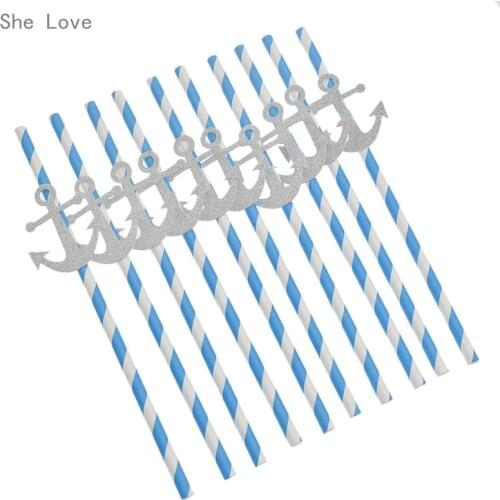 Chzimade 10pcs Silver Anchor Paper Drinking Straws for Wedding Party Kitchen Supplies