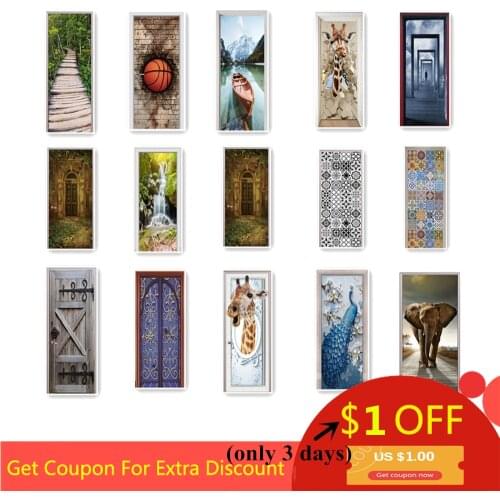 Custom Size Wood Door Stickers For Living Room Bedroom Landscape PVC Self Adhesive Wallpaper Waterproof Renovation Mural Decals
