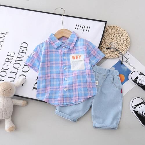 Children Summer Casual Clothes Suit Baby Boys Girls plaid Shirt denim Short pants 2pcs/sets Kids Infant Coat Toddler suit set