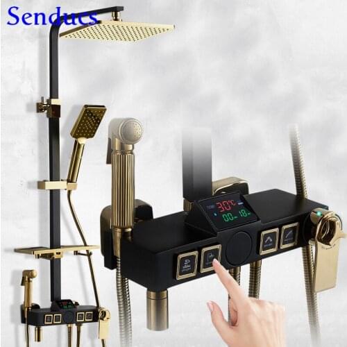 Bathroom Shower System Senducs Square Rainfall Shower Head Brass Bathroom Thermostatic Shower Set Matte Black Digital Shower Set