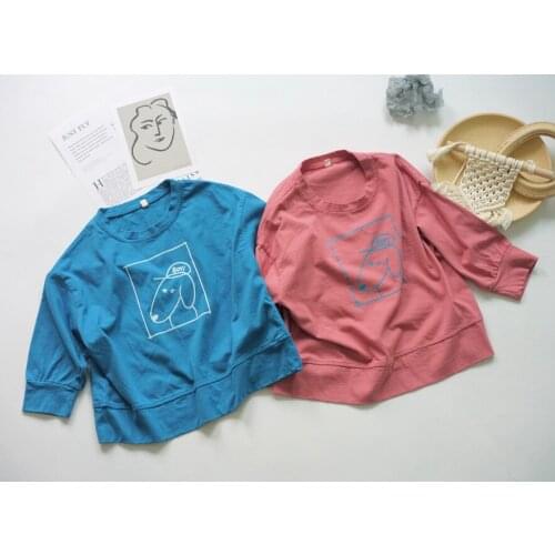 2020 Spring And Summer-KIDS T-shirt Candy Color Loose Washed Cotton Printed Cartoon Long-sleeved T-shirt